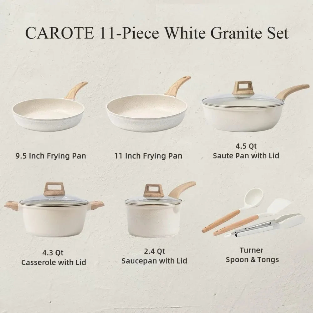11 Piece White Granite Nonstick Cookware Set - Induction Kitchen Pots and Pans with Frying Pans