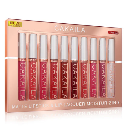 CAKAILA 10-Piece Nude Matte Lip Gloss Set – Waterproof Velvet Liquid Lipstick & Moisturizing Lip Tint for Women