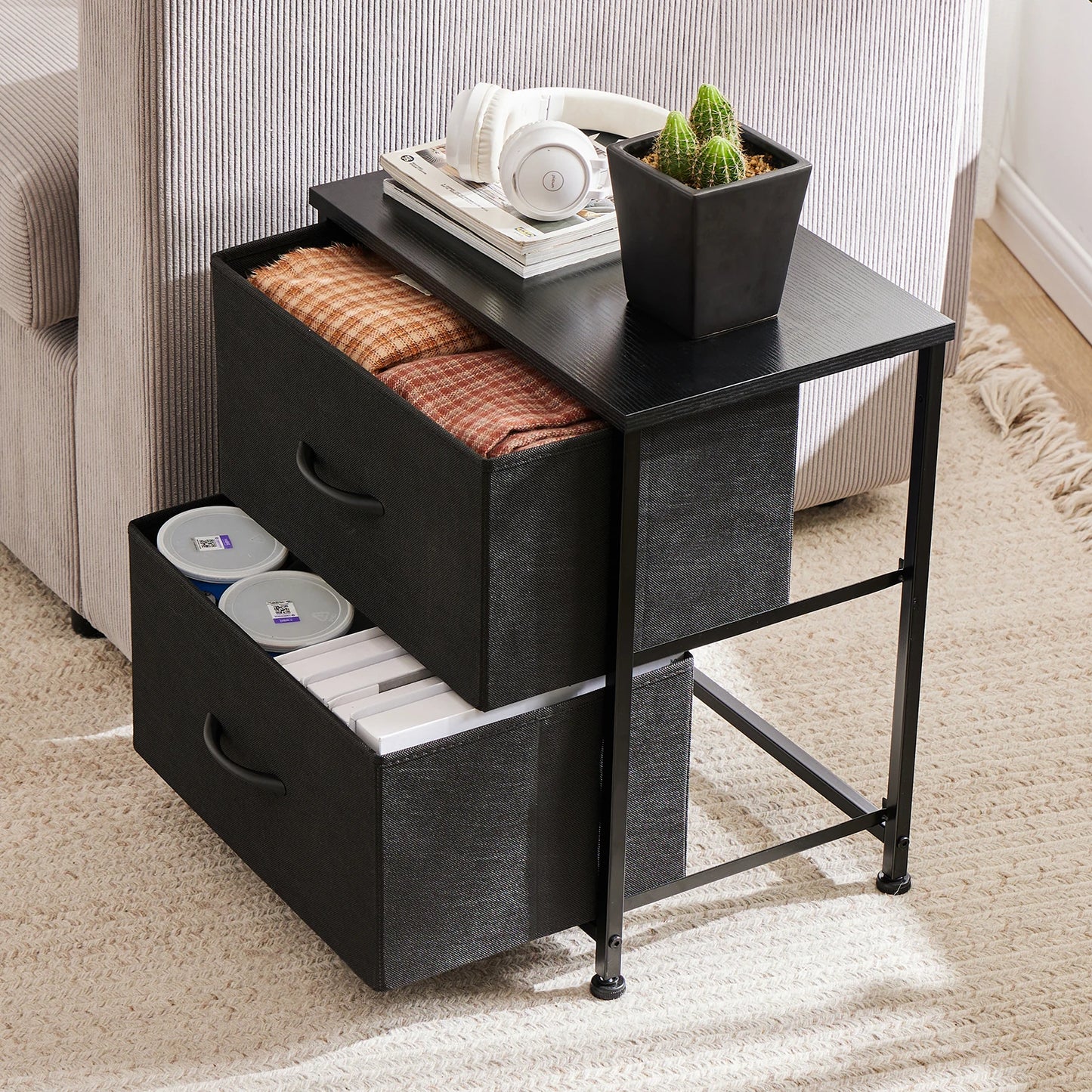 Nightstand Bedside Table – Coffee, Sofa & Tea Table with 2 Fabric Drawers for Bedroom Storage & Clothes Display