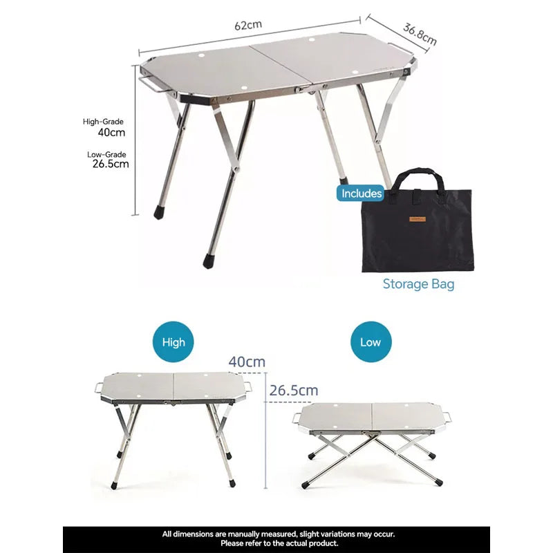 Outdoor Portable Stainless Steel Picnic Table – Durable Height Adjustable Folding BBQ & Camping Cooking Table