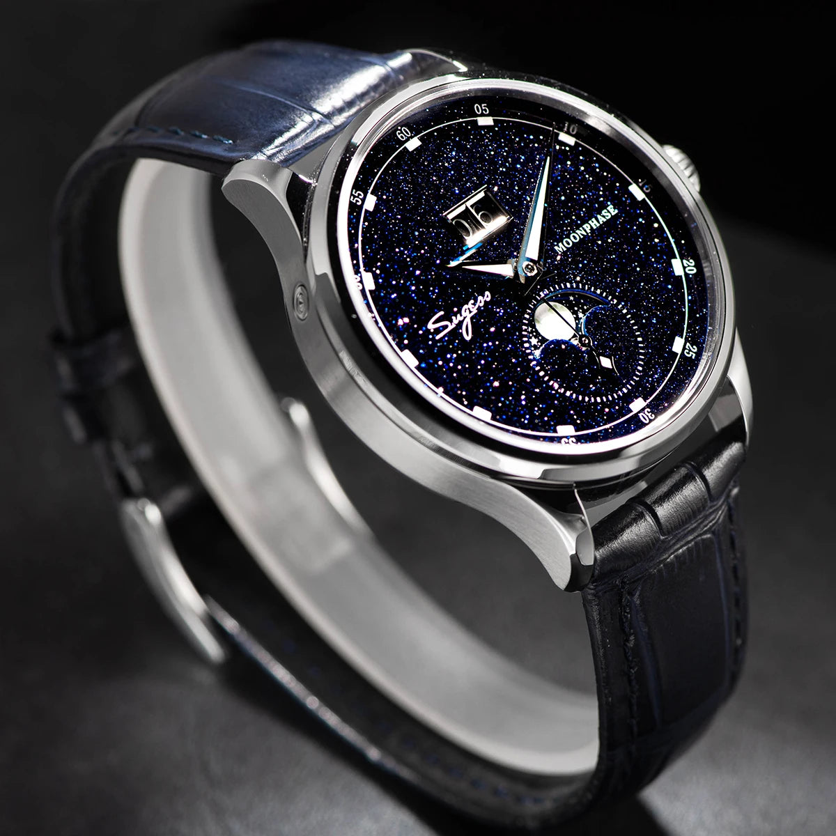 Sugess Moonphase Men’s Automatic Mechanical Watch — 40MM Stainless Steel with Seagull ST2528 Movement and Blue Sandstone Dial