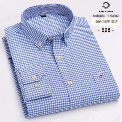 Men's 100% Cotton Oxford Plaid Shirt - Soft Regular Fit Long Sleeve Formal Dress Shirt with Pocket S-7XL