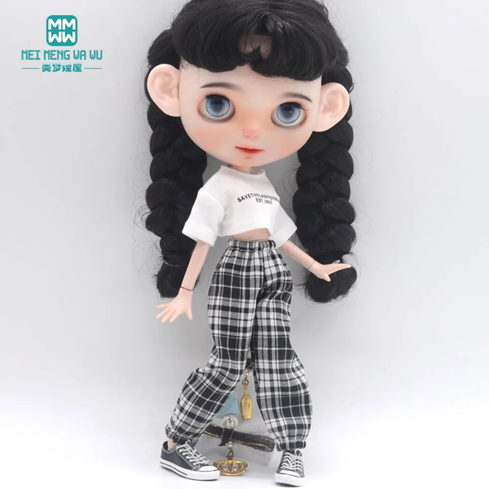 Blythe Doll Clothes – Fashion Tops, Black & White Shirts with Jeans & Plaid Pants for Azone OB22/OB24 Dolls