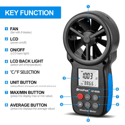 HOLDPEAK HP-866B Anemometer - Handheld Wind Speed & Temperature Meter with Wind Chill, Max/Min & LCD Backlight