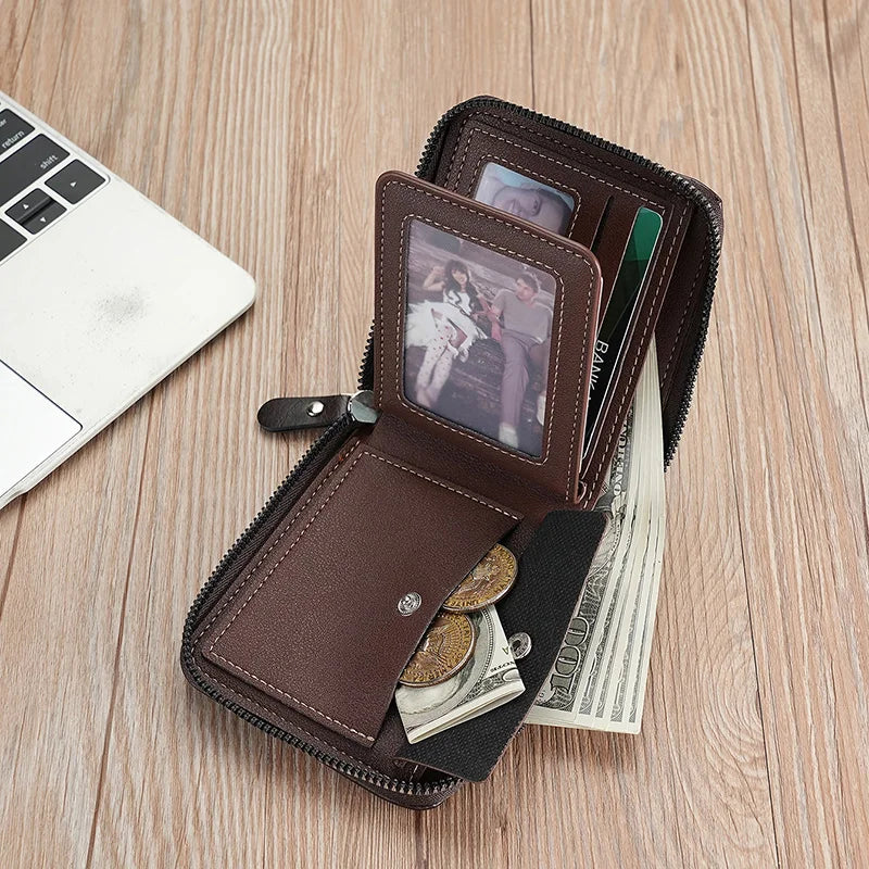 Leather Men's Wallet – Luxury Zipper Purse with Card Holders and Coin Pocket, RFID Protection, Perfect Gift for Men