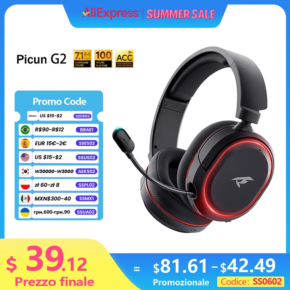 Picun G2 Wireless Gaming Headset – 2.4G & Bluetooth, 5ms Low Latency, 7.1 Surround Sound, ENC Mic for PC, PS4, PS5, Switch & Phone