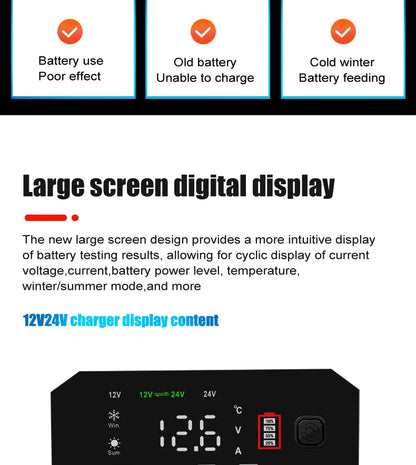 12V/24V Fully Automatic Smart Battery Charger — 7-Segment Pulse Repair for AGM, GEL, WET Lead-Acid Car Batteries