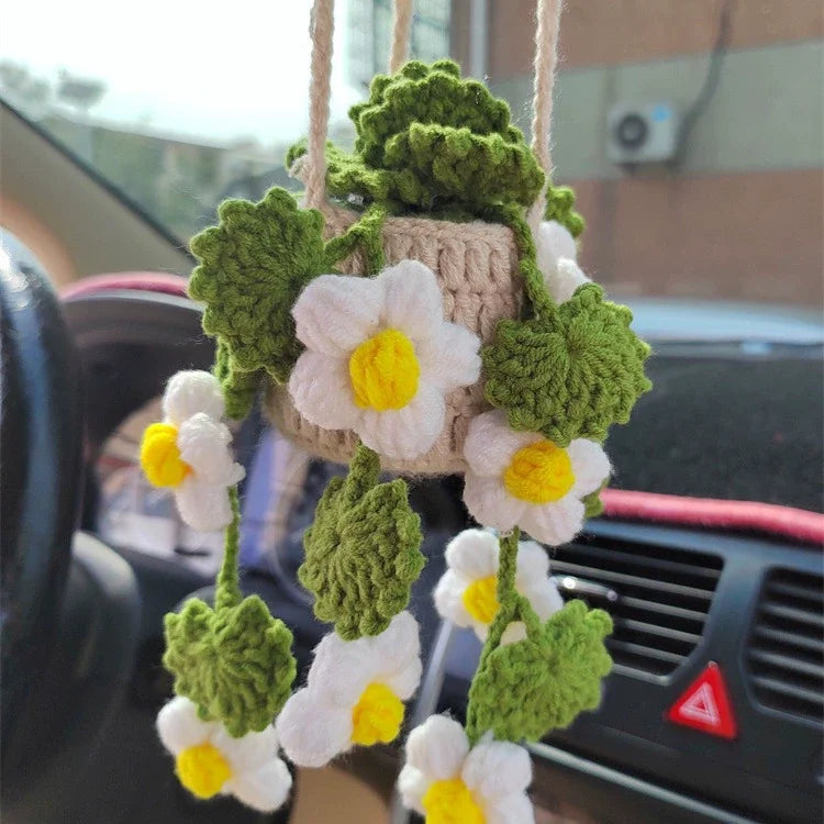 Cute Crochet Potted Plants Car Basket – Hanging Car Decor & Rear View Mirror Ornament Accessories