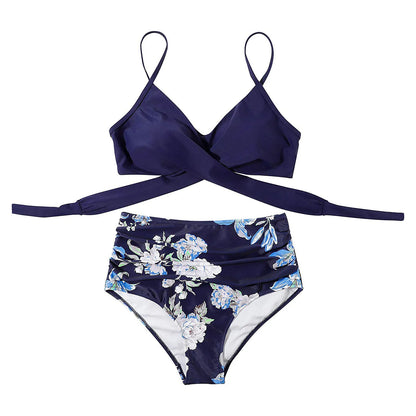 Floral Print Cross High Waist Bikini – Women’s Two-Piece Beach Swimsuit for Teenagers 2024 Trend