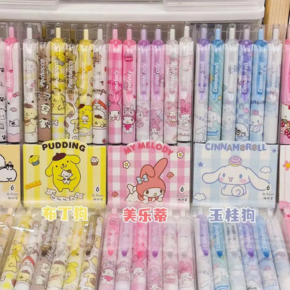 6PCS Cartoon Kuromi Gel Pens – Kawaii Hello Kitty, Cinnamoroll & Melody 0.5mm Quick-Drying School Stationery for Students