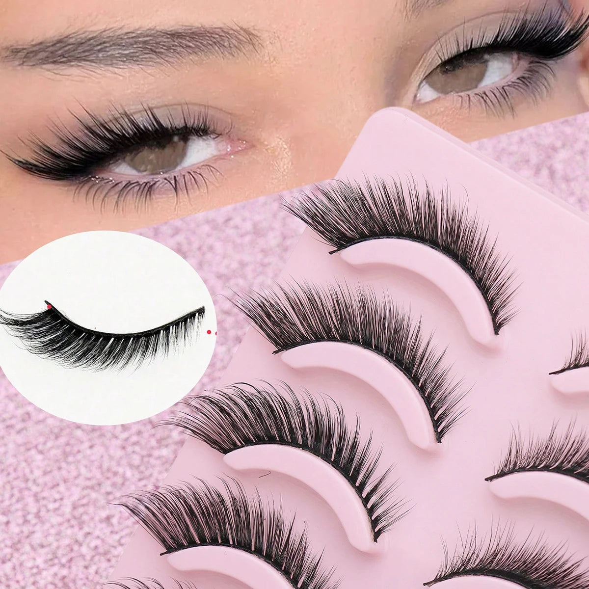 5 Pairs Cat Eye Faux Mink Eyelashes – Winged Long Natural Manga Style False Lashes Makeup Set