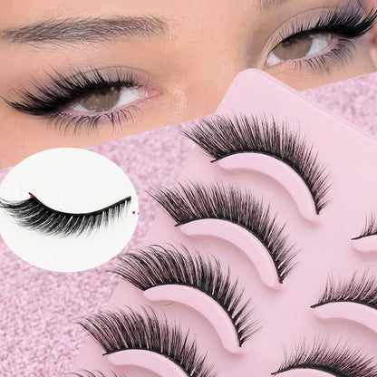 5 Pairs Cat Eye Faux Mink Eyelashes – Winged Long Natural Manga Style False Lashes Makeup Set