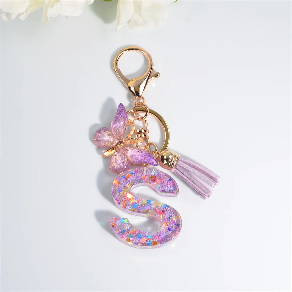 A-Z Sequin Initial Keychain - Dreamy Butterfly Tassel Pendant Bag & Purse Charm for Women