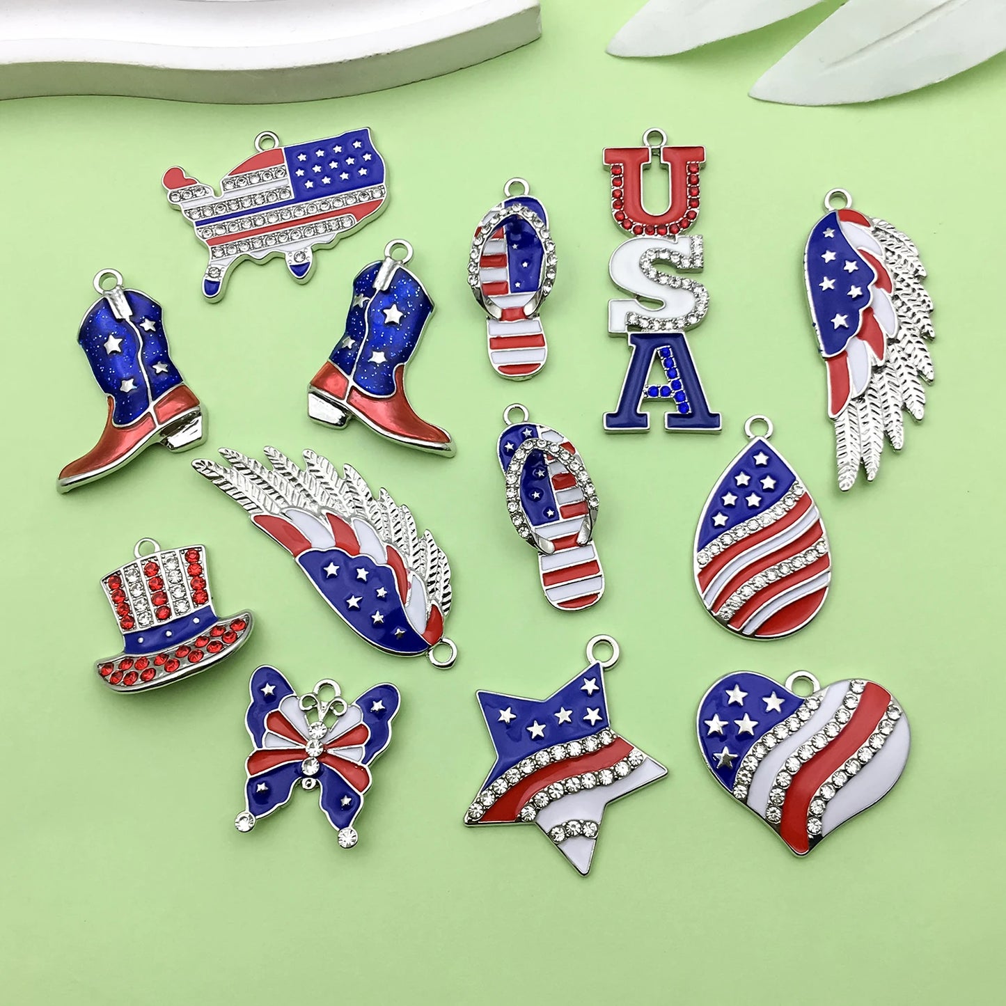 10/13pcs Enamel Flag Charms - Alloy Independence Day Pendants for DIY Bracelets Necklaces & Jewelry Making