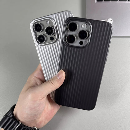 Titanium Stripe iPhone Case - Shockproof Hard Armor Cover with Metal Buttons for iPhone 13–16 Pro Max