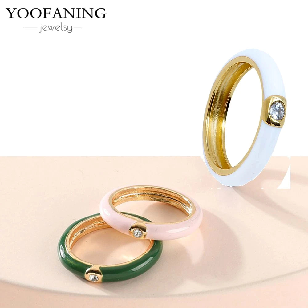 24K Gold-Plated & Silver Enamel Ring – Slim Round Women's Luxury Zircon CZ Ring in Green, Purple, Pink for Wedding & Anniversary