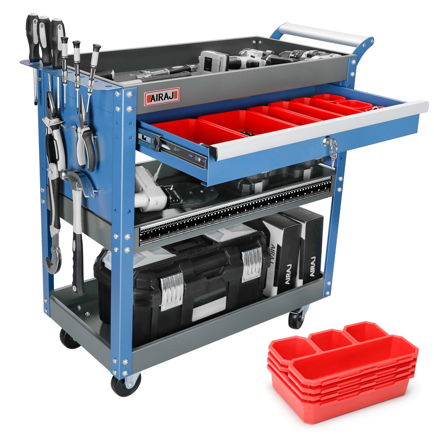 AIRAJ 3-Tier Rolling Tool Cart — Heavy-Duty Metal Mechanic Utility Cart with Drawers, Wheels & Pegboard