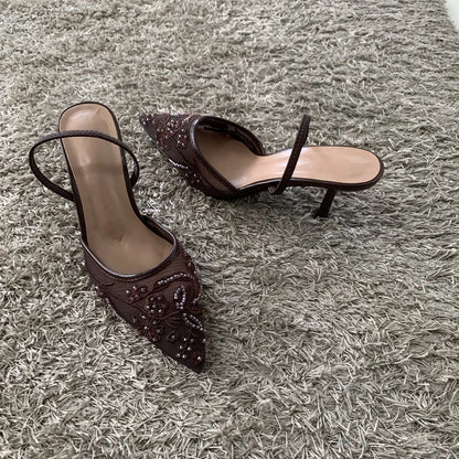 2026 Beaded Mesh Slingback Heels - Women's Pointed Toe Luxury Summer High Heel Sandals