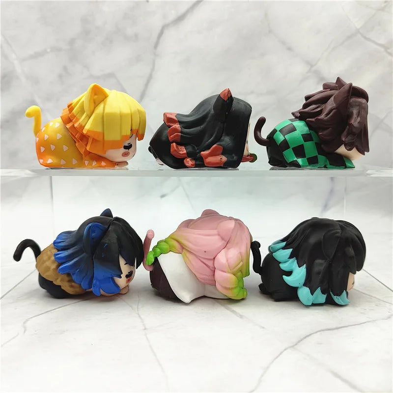 6PCS Demon Slayer Mini Figures — Nezuko, Tanjirou, Zenitsu & Inosuke PVC Kawaii Cat Ear Sleep Model Toys