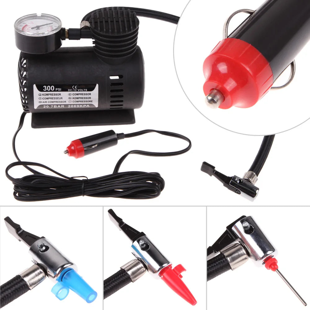 Portable 12V Car Tire Inflator Air Compressor – 300 PSI Electric Tire Pump for Auto Emergency Use