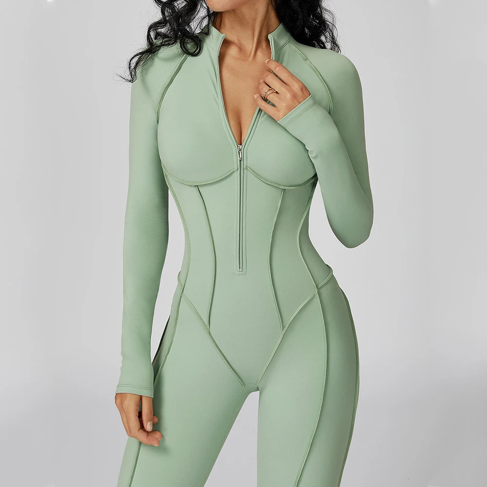 Women’s Long Sleeve Yoga Bodysuit Jumpsuit – Zip-Up Gym Tracksuit One-Piece Fitness Outfit for High-Intensity Workout & Training