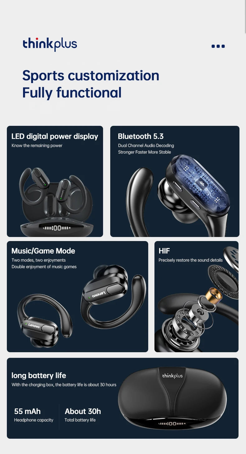 Lenovo XT80 Sports Wireless Earphones — TWS Bluetooth 5.3, HiFi Stereo, LED Power Display, Built-in Mic Headphones