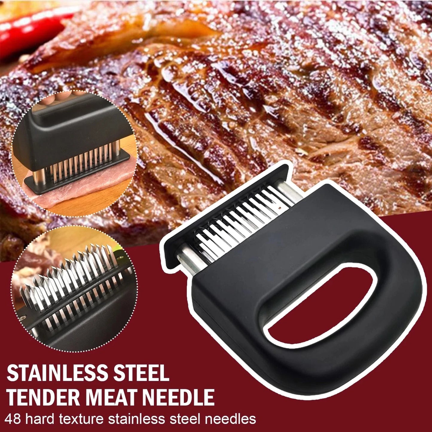 Retractable Stainless Steel Meat Tenderizer - 48 Blades for Softening, Pounder & Cooking Steak - Kitchen Meat Beater Tool