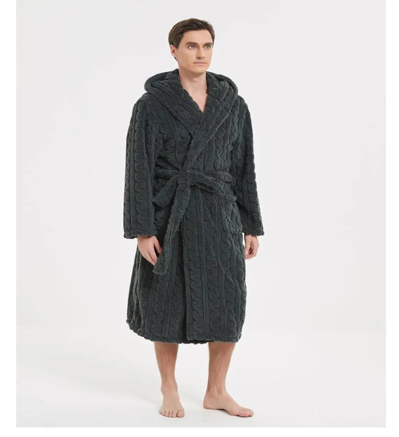 Men’s Fall & Winter Warm Hooded Robe – Thickened Cotton Velvet Jacquard Homewear for Couples