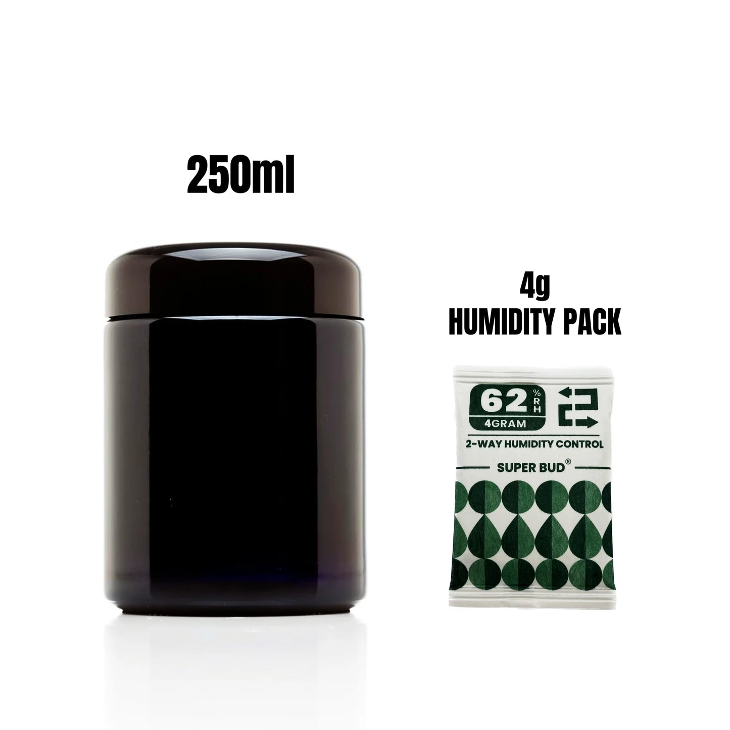 Airtight UV Glass Jar — Smell-Proof 1/2oz-1L Container with 2-Way 62% Humidity Pack to Keep Goods Fresh
