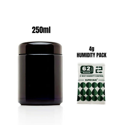 Airtight UV Glass Jar — Smell-Proof 1/2oz-1L Container with 2-Way 62% Humidity Pack to Keep Goods Fresh