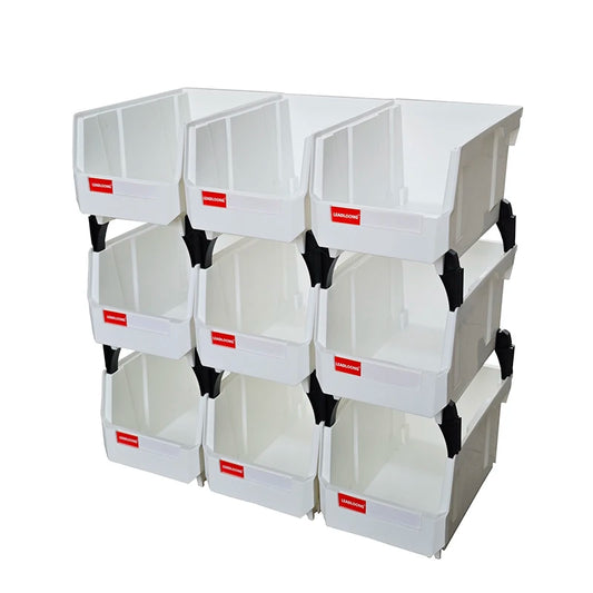 V2 White Workshop Storage Bins – 9PCS Stackable Multi-Tool Organizer Box 200x130x110mm for Garage Supplies
