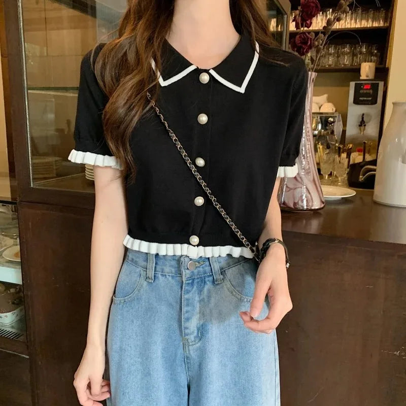 Women’s Summer Knitted Blouse — Chic Retro Slim Short Sleeve Crop Top, All-Match Style