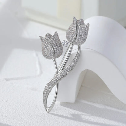 Luxury Tulip Flower Brooch Pin with White Stone – Elegant Rose Floral Jewelry for Women (2023 Design)