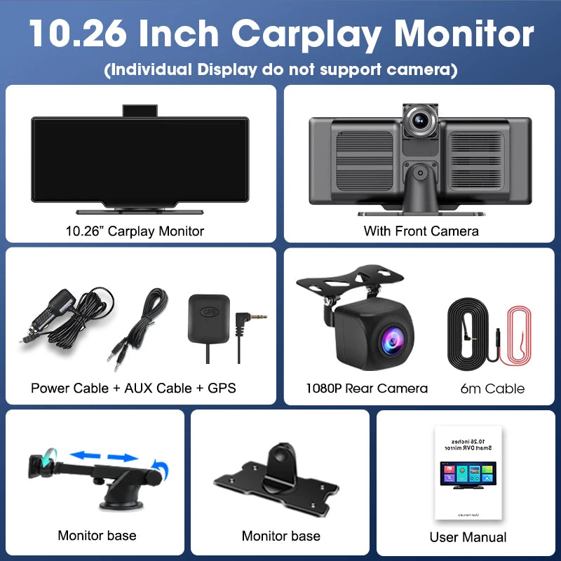 10.26'' 4K Dash Cam Car Mirror Video Player - Wireless CarPlay, Android Auto, GPS, and Rearview Camera Monitor