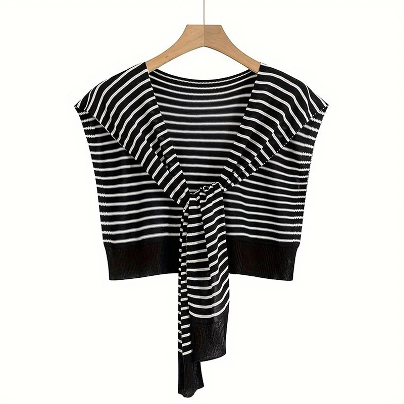 Striped Knitted Shawl Scarf – Warm Winter Cape with Fake Collar for Women
