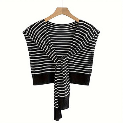 Striped Knitted Shawl Scarf – Warm Winter Cape with Fake Collar for Women