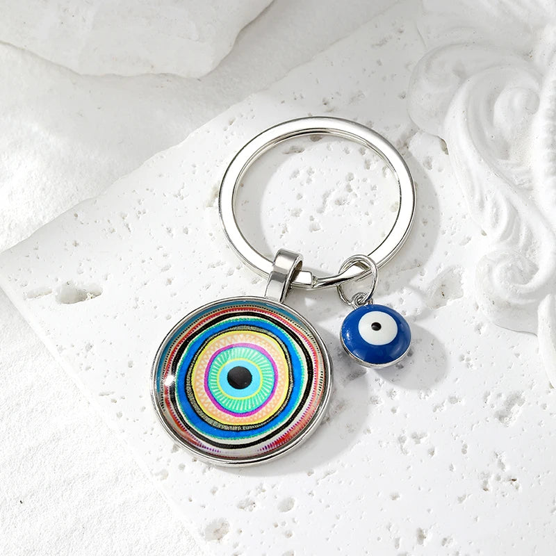 Round Flower Blue Evil Eye Hamsa Keychain – Boho Turkish Lucky Eye Fatima Hand Bag & Car Keyring for Women & Men Protective Charm Gift