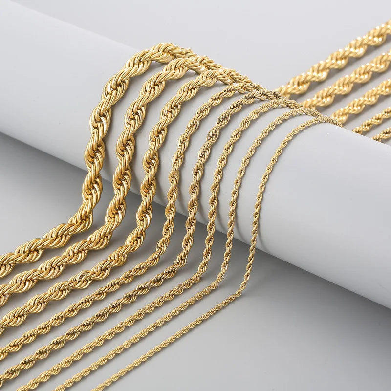 304 Stainless Steel Twist Rope Chain Necklace – PVD Gold Plated, 2-5mm Width for Men & Women, Fashion Accessories