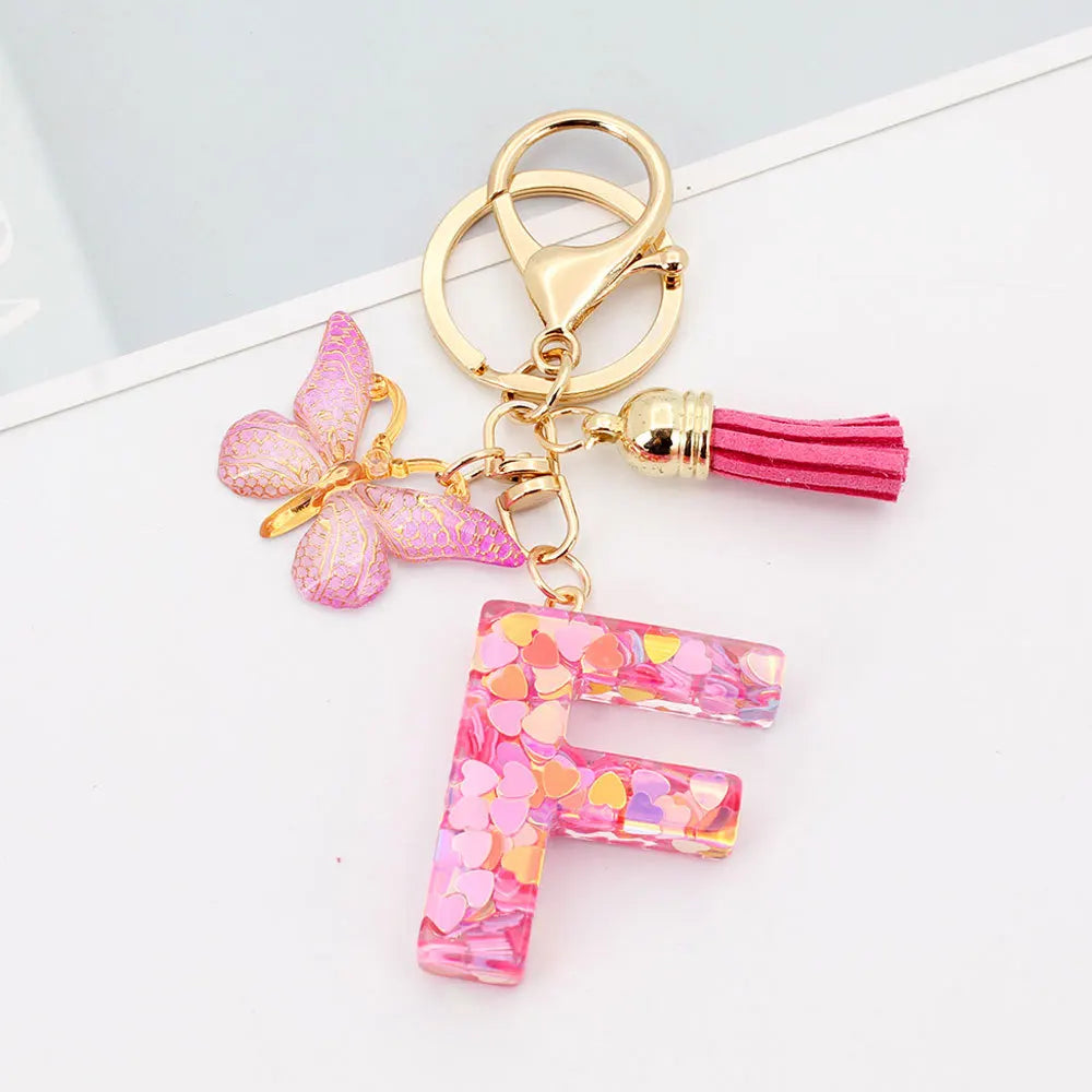 A-Z Letter Acrylic Keychain - Pink Butterfly Tassel Bag Charm & Key Ring
