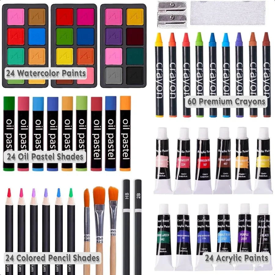 175-Piece Deluxe Art Set – Professional Wooden Case Kit with Drawing Pads, Acrylic Paints, Crayons & Colored Pencils