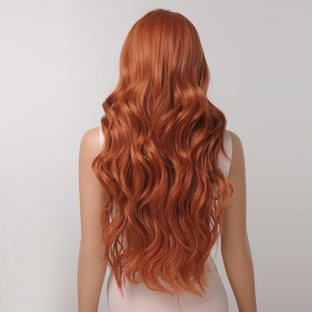 Orange Copper Ginger Long Wavy Synthetic Wig – Red & Yellow Wig with Bangs, Cosplay Body Wave, Heat-Resistant Hair for Women