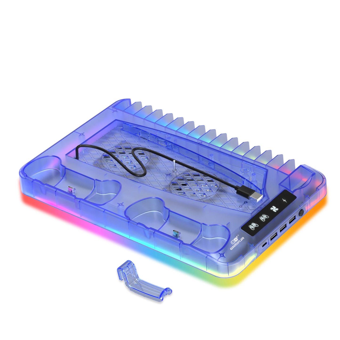 GAMINJA P58 RGB Cooling Stand for PS5 Slim – Console Charging Dock with Gamepad Charger, Headset Hook & Game Disc Storage Rack for Disc & Digital Edition