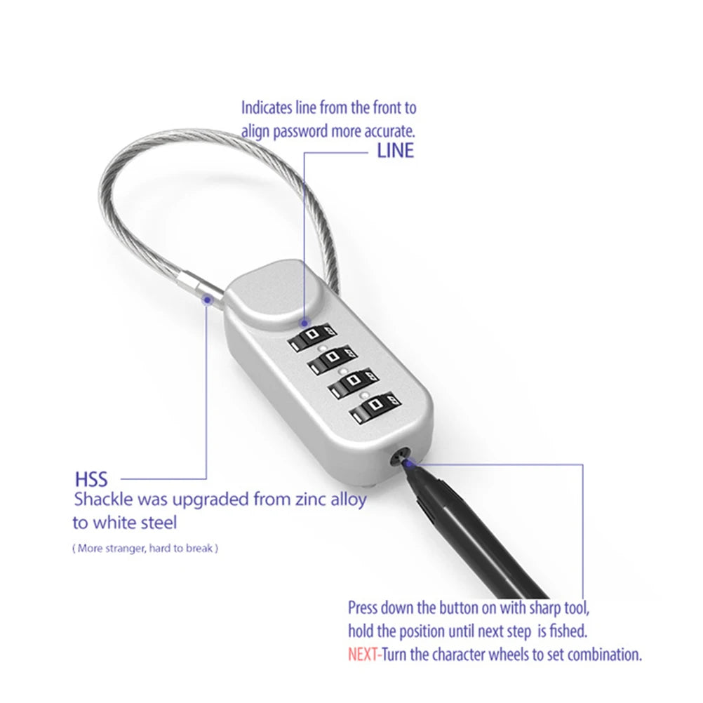 4-Digit Combination Cable Lock – Spring Coil Wire Rope Security Lock for Luggage, Backpack, Suitcase & Drawer Safety