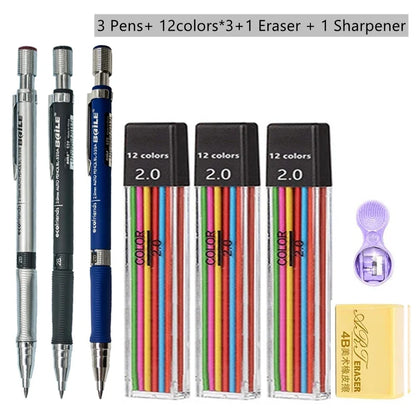 2.0mm Mechanical Pencil Set with 2B Black & Color Lead Refills – Automatic Pencil for Sketching, Drawing & Writing