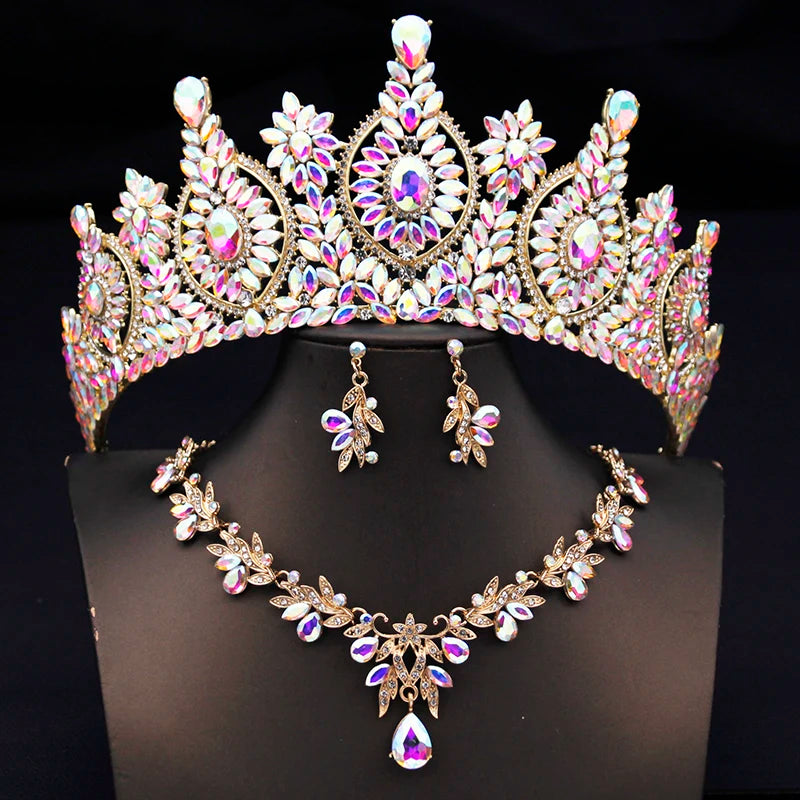Rhinestone Bridal Tiara Jewelry Set - Wedding Crown with Necklace and Earrings for Women