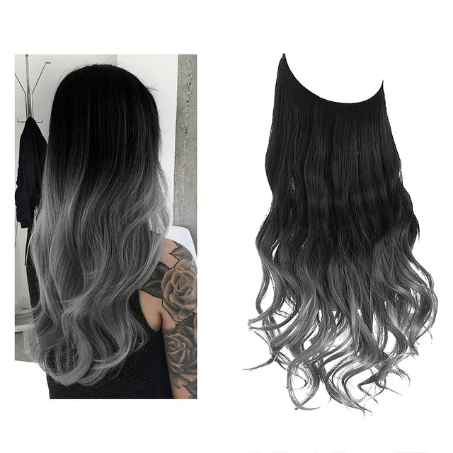 Synthetic Ombre Hair Extension - One Piece Invisible Wire Long Wavy Clipless False Hairpiece Black Blonde Pink