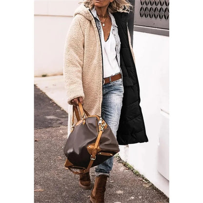 Women's Winter Hooded Quilted Jacket – Reversible Solid Puffer Coat, Thick Long Sleeve Casual Outerwear
