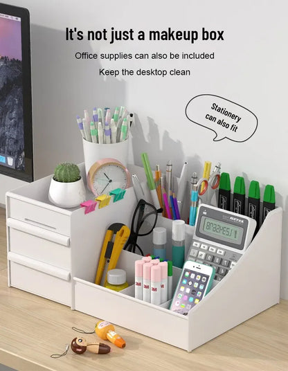 White New Drawer Makeup Storage Box – Plastic Dormitory & Desktop Organizer for Cosmetics & Skin Care – Dressing Table Storage Solution