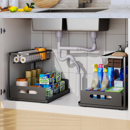 Under Sink 2-Tier Sliding Cabinet Organizer — Pull-Out Basket Drawer for Bathroom & Kitchen Storage