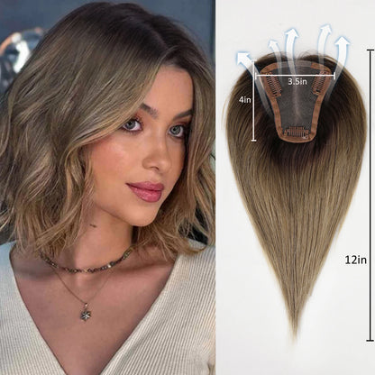 Ash Gray Brown 100% Remy Human Hair Toppers – Clips-In Lace Base Topper Hairpieces for Women, 12-inch Straight Hair Extensions